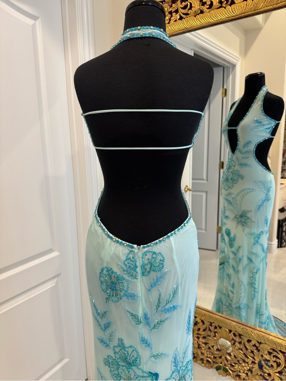 Elegant Light Blue  hand, beaded, and hand embroidered Halter Evening Gown. WOW - Picture 12 of 14